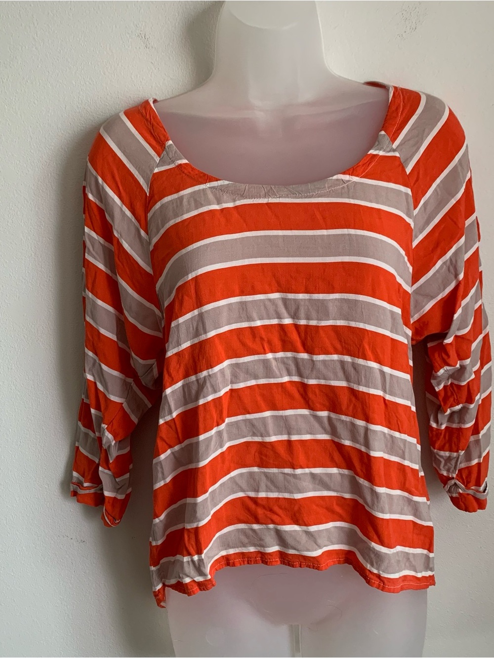 Splendid Orange gray white Striped Scoop Neck 3/4 Sleeve Top